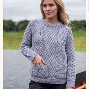 Aran mor Irish merino wool knit sweater grey Large